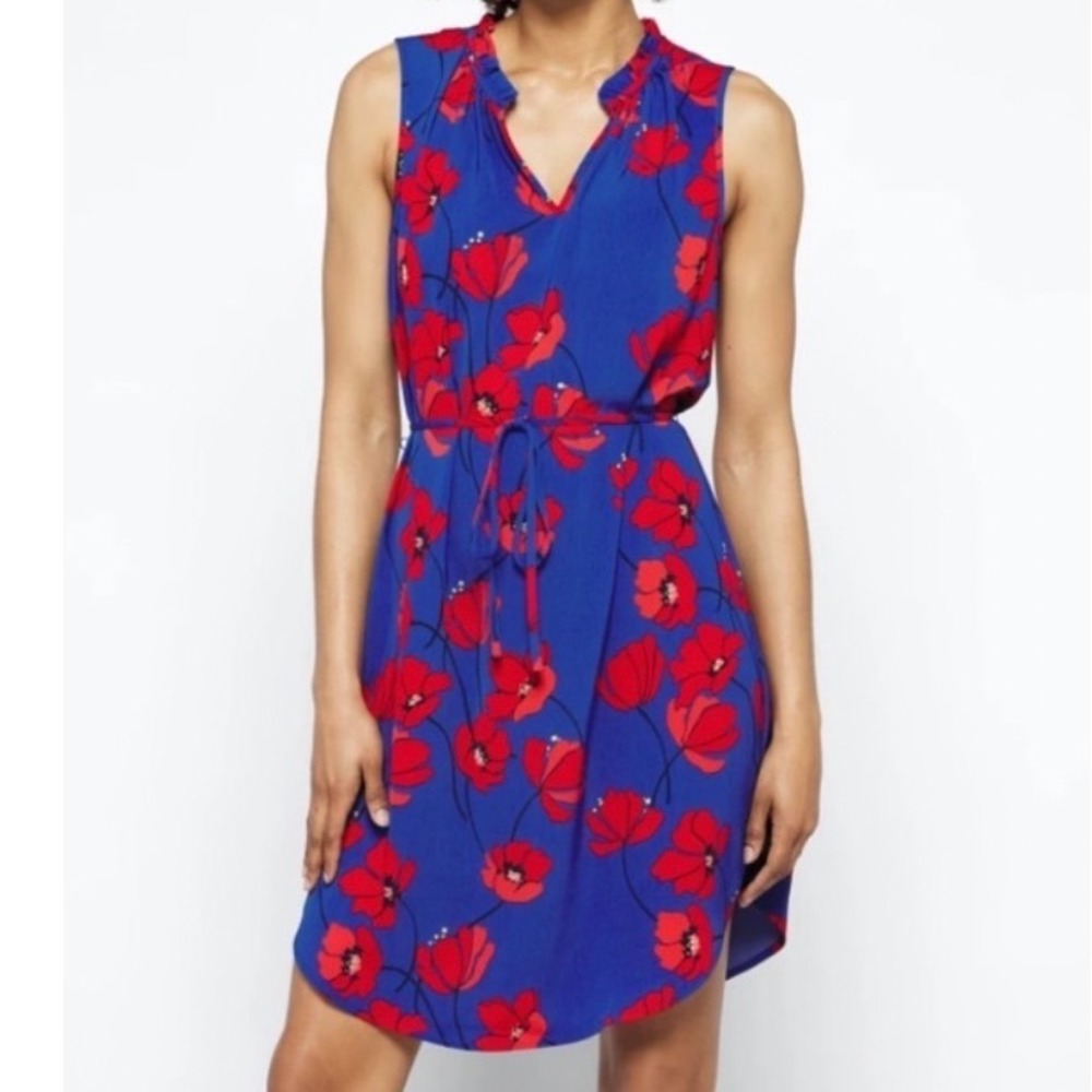 Market & Spruce Blue Red Poppy Floral Ruffle V-Neck Sleeveless Dress Medium